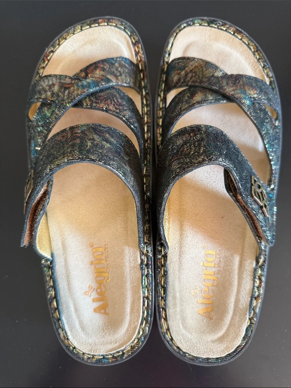 Alegria Women’s Metallic Multi-Color Cross-Strap Slide Sandals